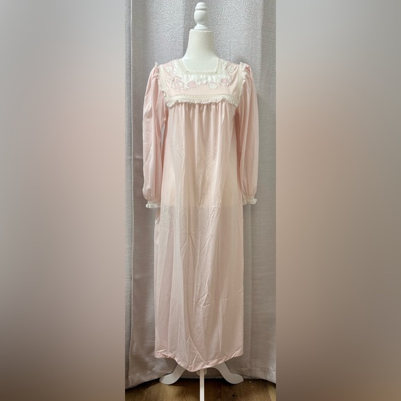 Sara Beth Vintage Nightgown Blush Pink Lace Embroidered Bow Women’s S  90s Dress - Picture 3 of 11